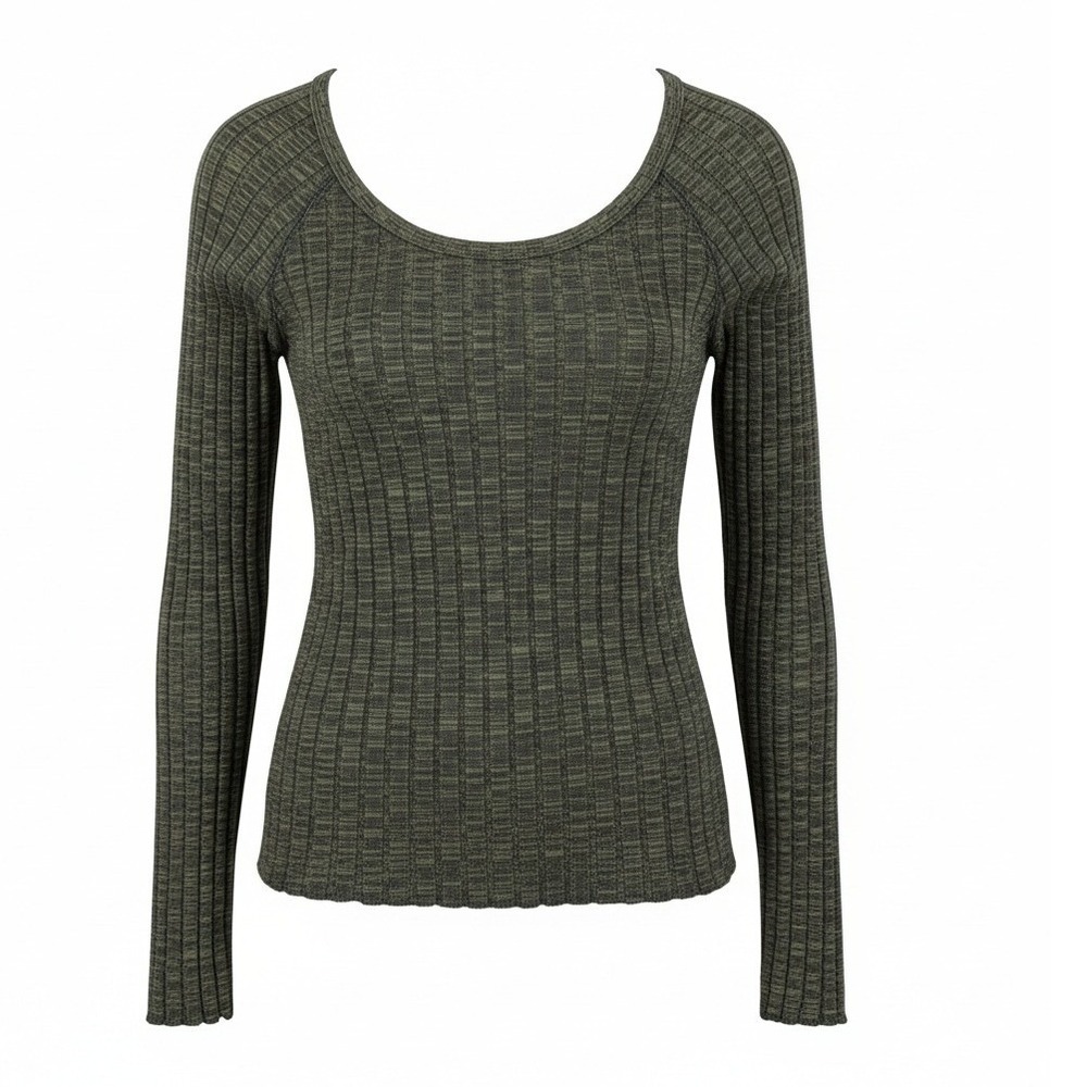 Y2K‎ LEI Ribbed LS Wmn Medium Top Olive Green Fitted Stretch Scoop Neck Grunge